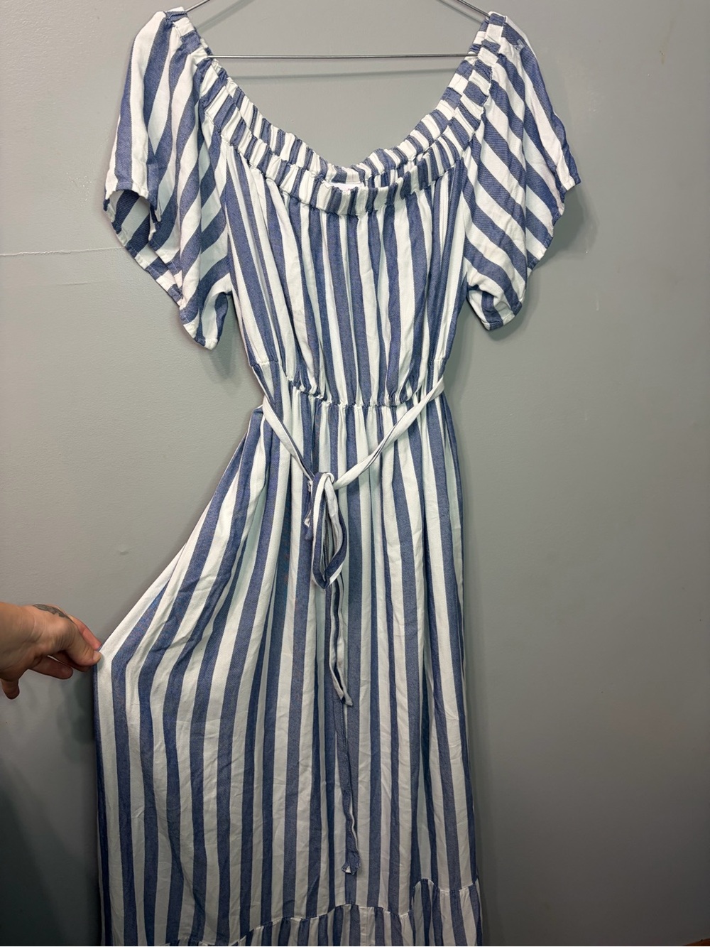 Isabel Maternity by Ingrid & Isabel Blue and White Striped Off-Shoulder Maxi